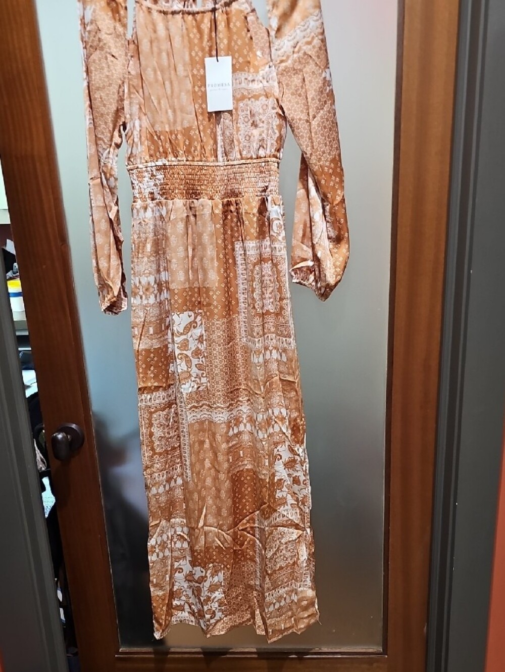 Promesa Rust Patchwork Boho Cut Out Shoulder Dress